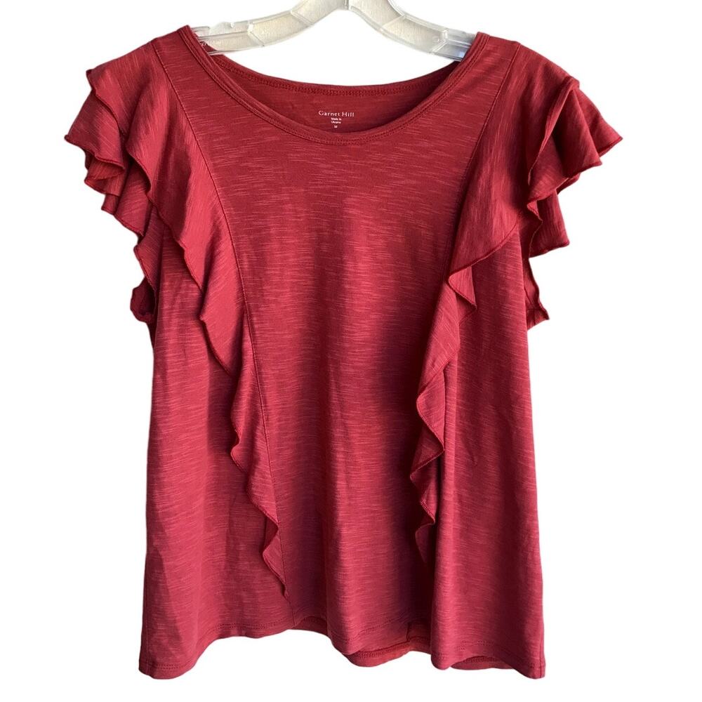 Garnet Hill Brick Red - Coral Slub Knit T Shirt with Ruffles size M